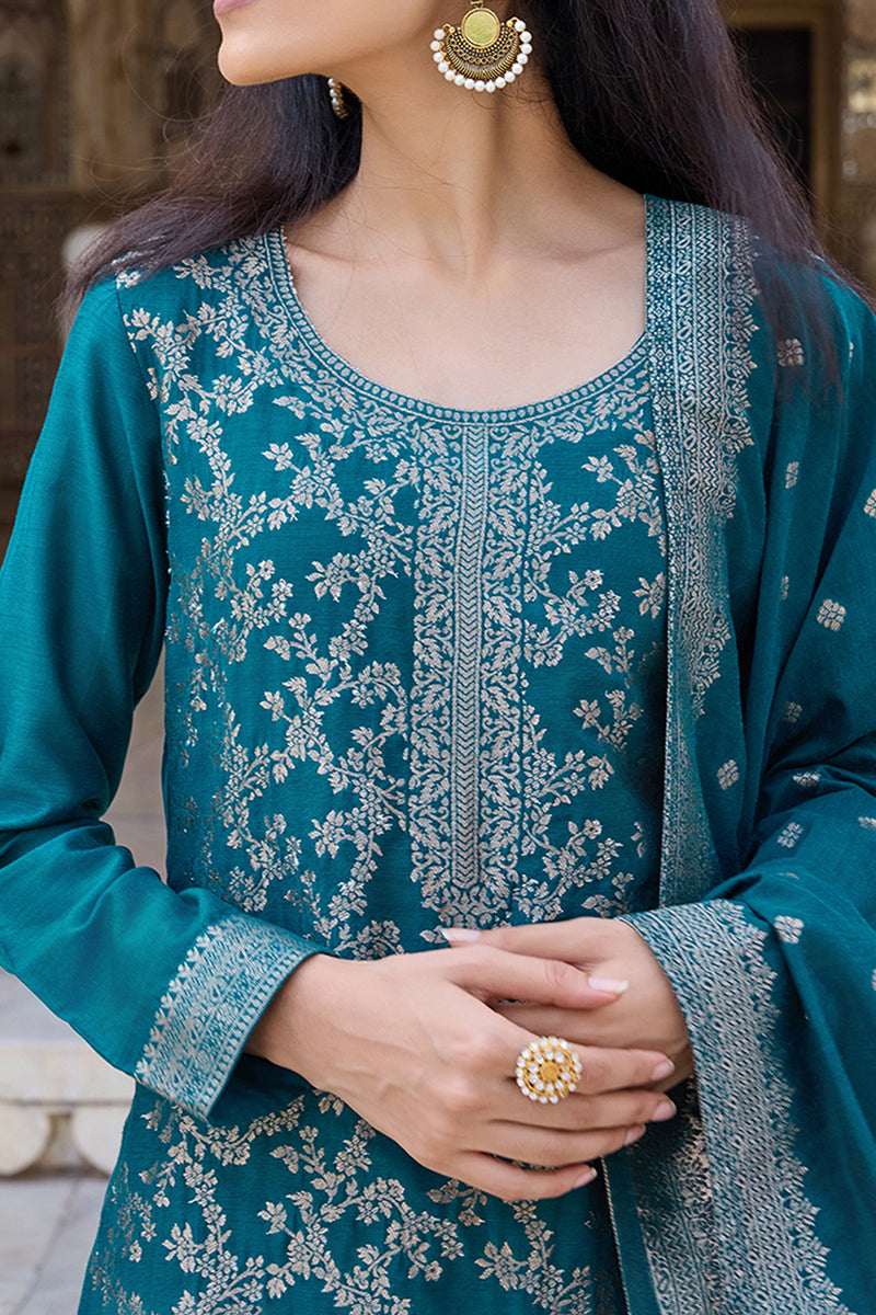 Teal Blue Poly Chanderi Solid Woven Design Straight Trouser Suit Set PKSKD2628