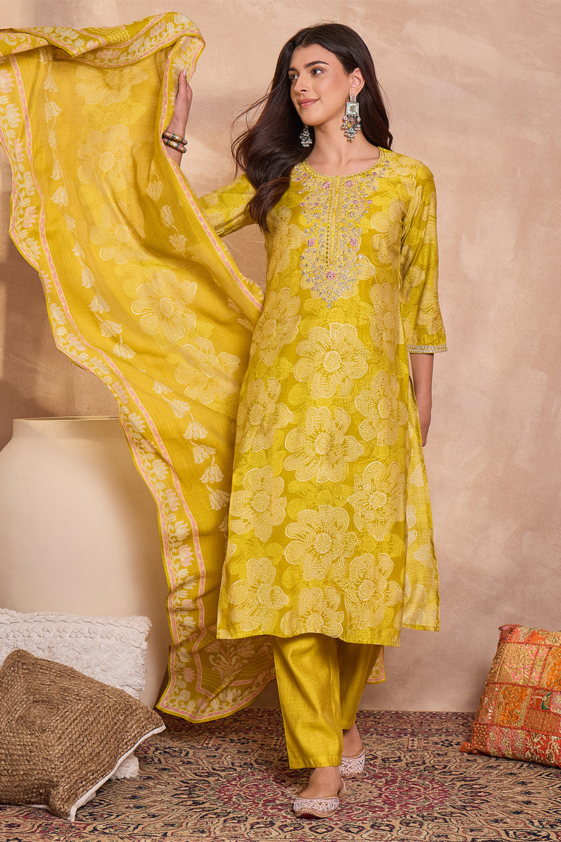 Yellow Poly Silk Floral Printed Straight Kurta Trouser With Dupatta VKSKD3209