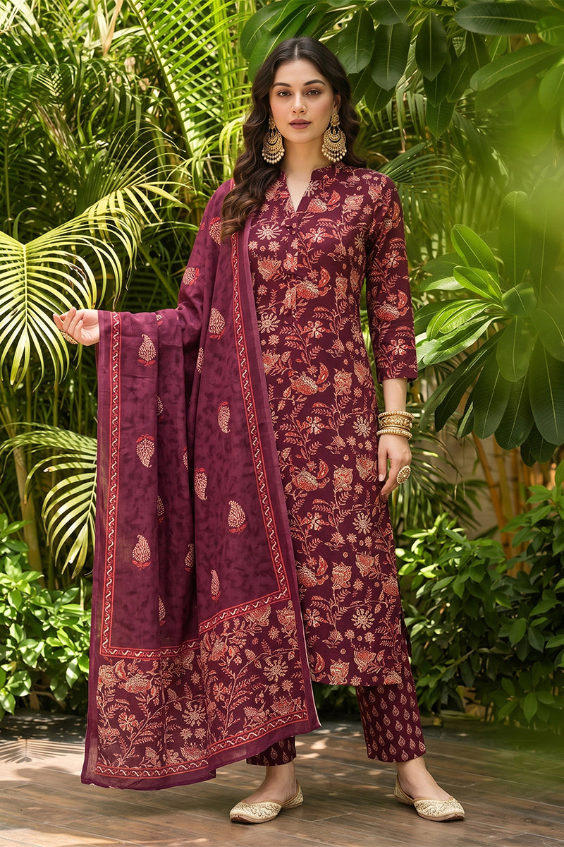 Maroon Rayon Blend Floral Printed Straight Suit Set VKSKD2149