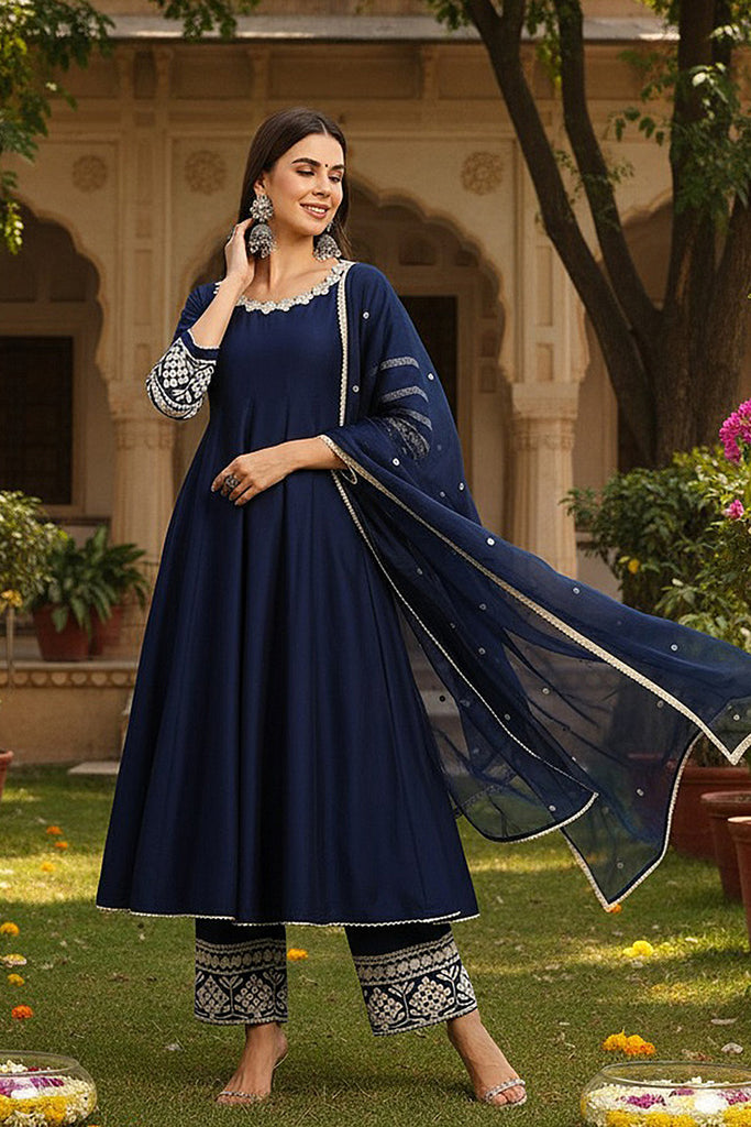 navy blue anarkali dress Stunning Navy Blue Anarkali Suit Set with Intricate Embroidery by fab funda