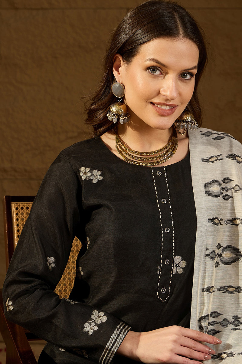 Black Poly Chanderi Solid Embroidered Straight Kurta Bottom and Dupatta PKSKD2900