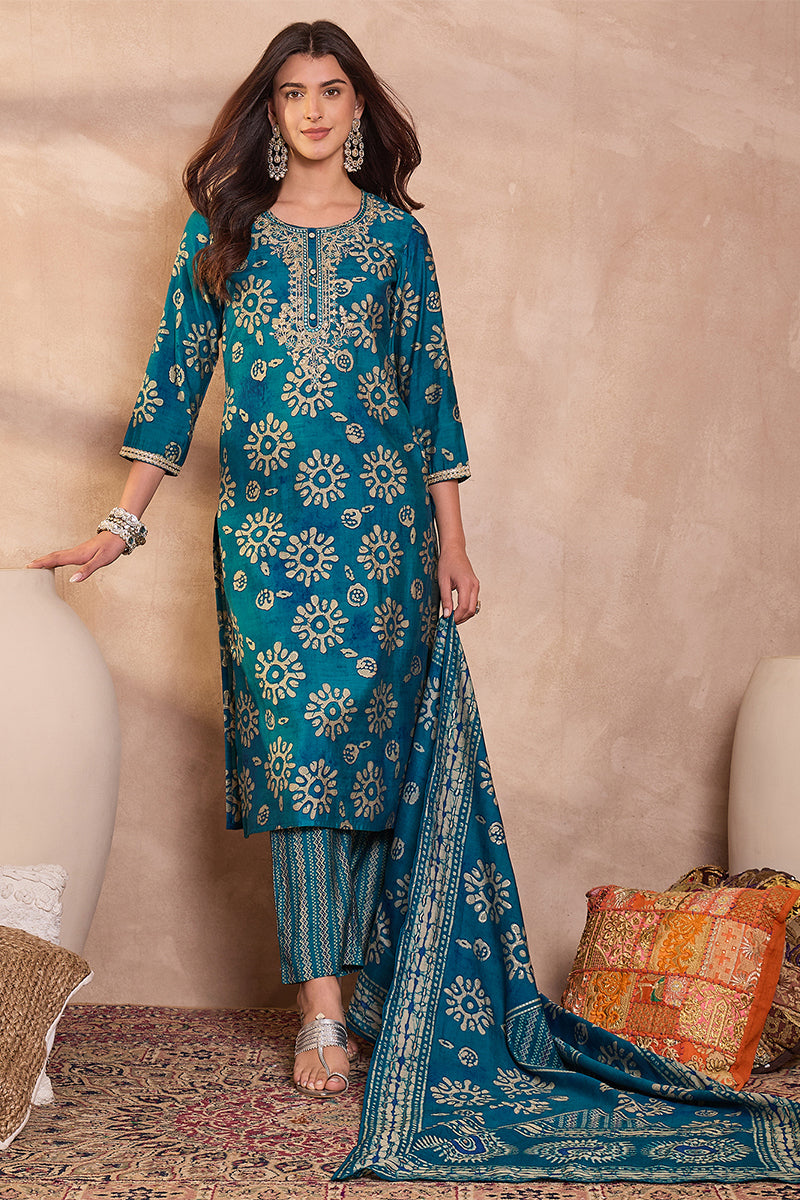 Blue Rayon Blend Floral Printed Straight Kurta Trouser With Dupatta VKSKD3215