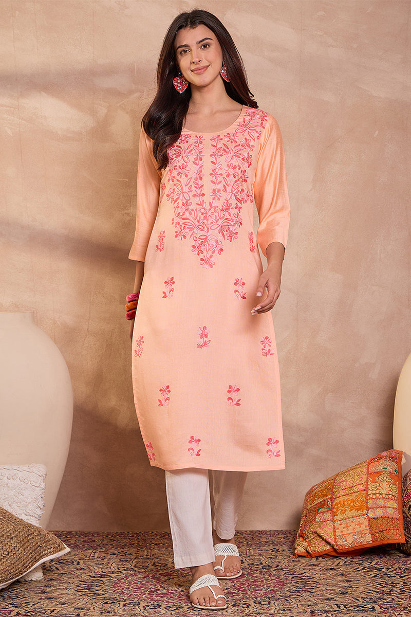 Peach Viscose Rayon Emboidered Kurti VCK9795
