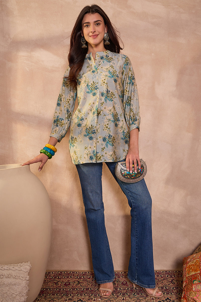 Grey Silk Blend Floral Printed Top VT1432