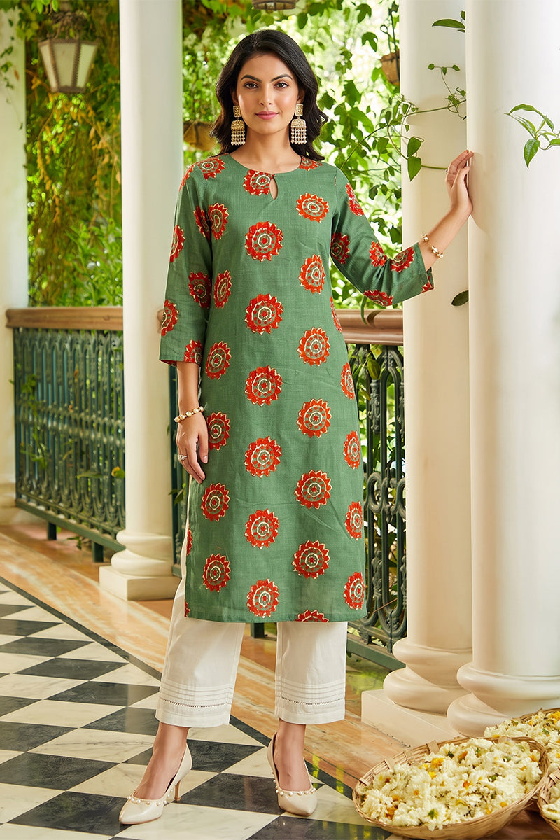 Rama Green Cotton Fabric Color Fancy Daily Wear Kurti VCK1295