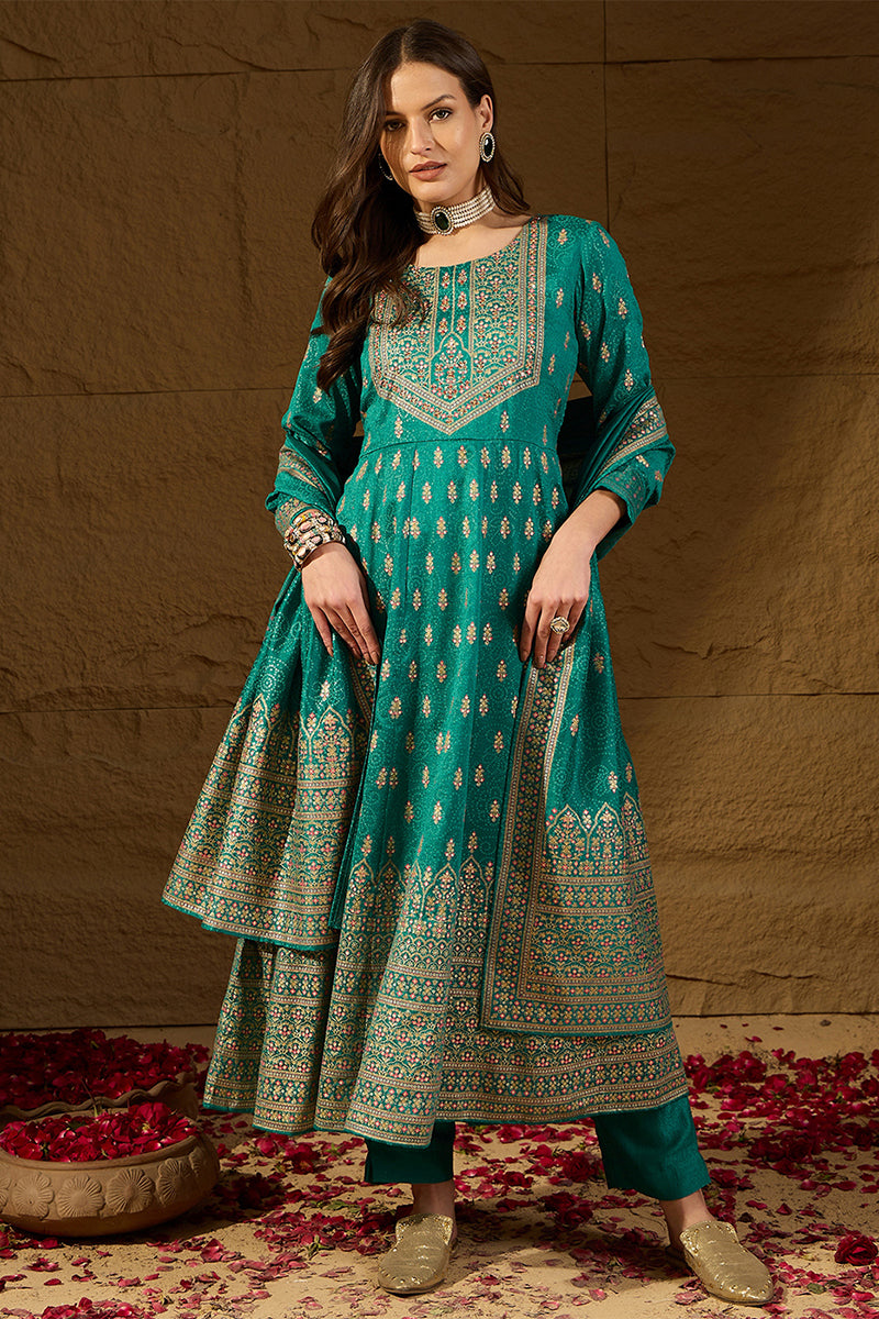 Teal Silk Blend Ethnic Motifs Woven Design Anarkali Kurta Trousers With Dupatta PKSKD2895