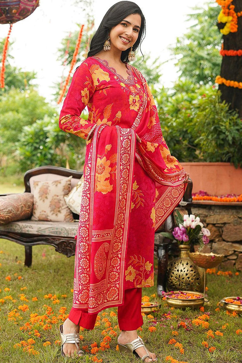 Red Viscose Rayon Floral Embroidered Straight Kurta Trousers With Dupatta PKSKD3051