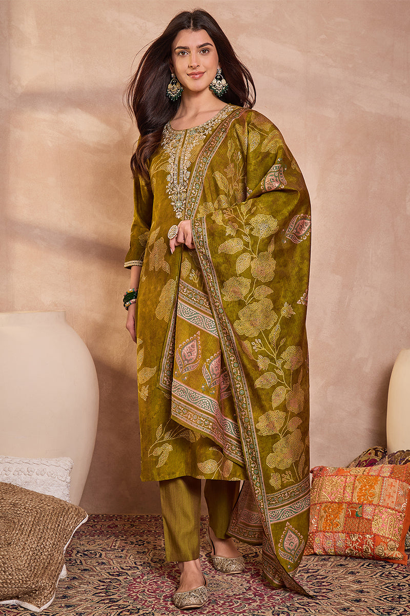 Green Silk Blend Floral Printed Straight Kurta Trouser With Dupatta PKSKD3209