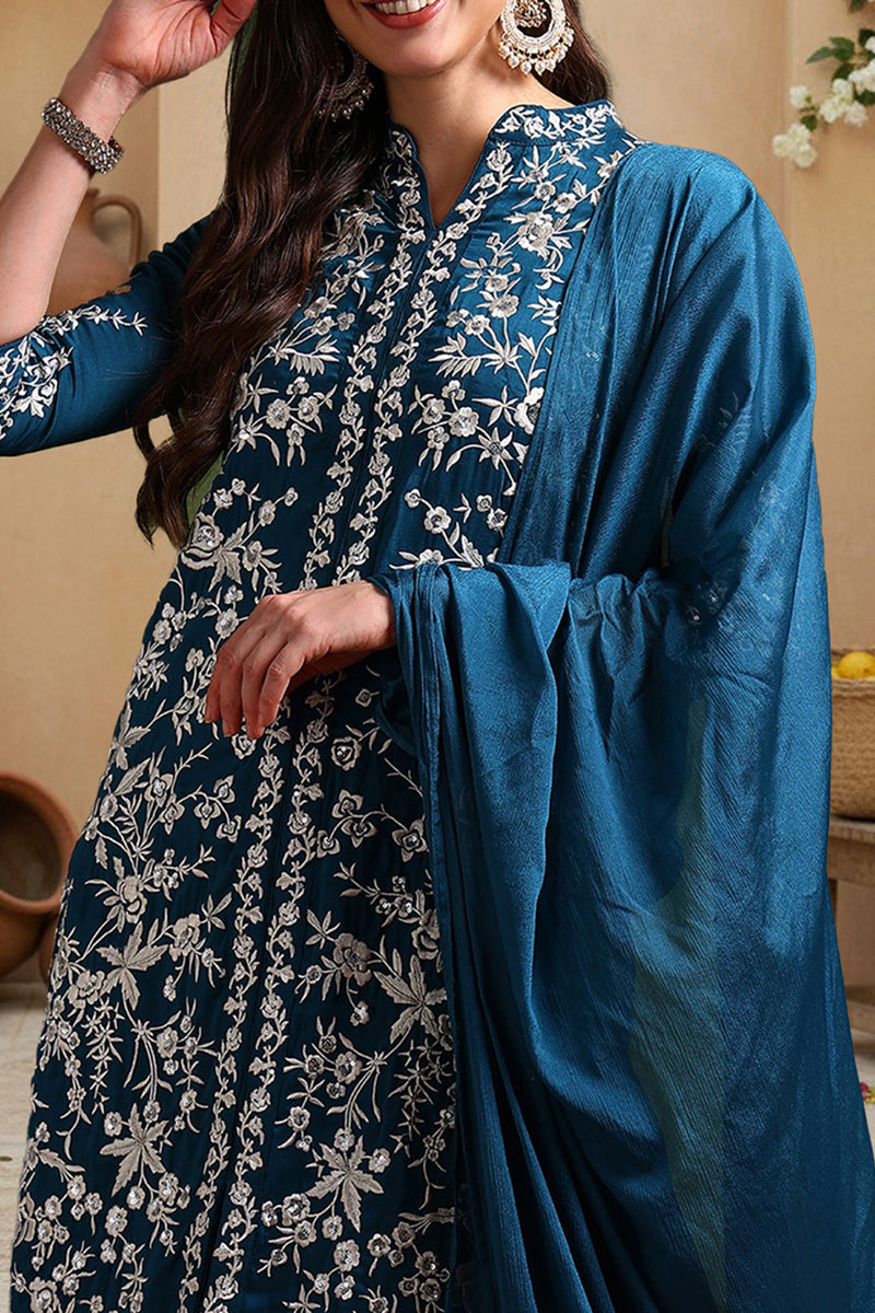 Teal Blue Silk Blend Solid Embroidered Straight Suit Set PKSKD2216