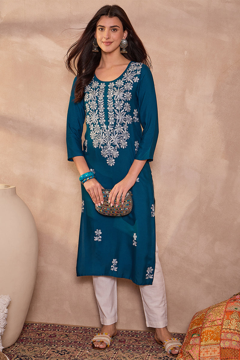 Blue Viscose Rayon Emboidered Kurti VCK9793