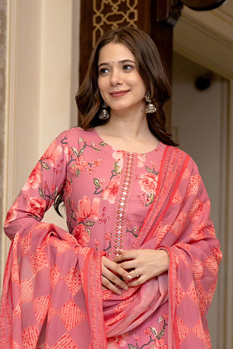 Pink Rayon Blend Floral Printed Straight Trouser Bottom Suit Set PKSKD2566PNK