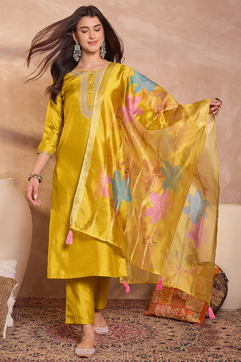 Yellow Silk Blend Solid Embroidered Straight Kurta Trouser With Dupatta PKSKD3102