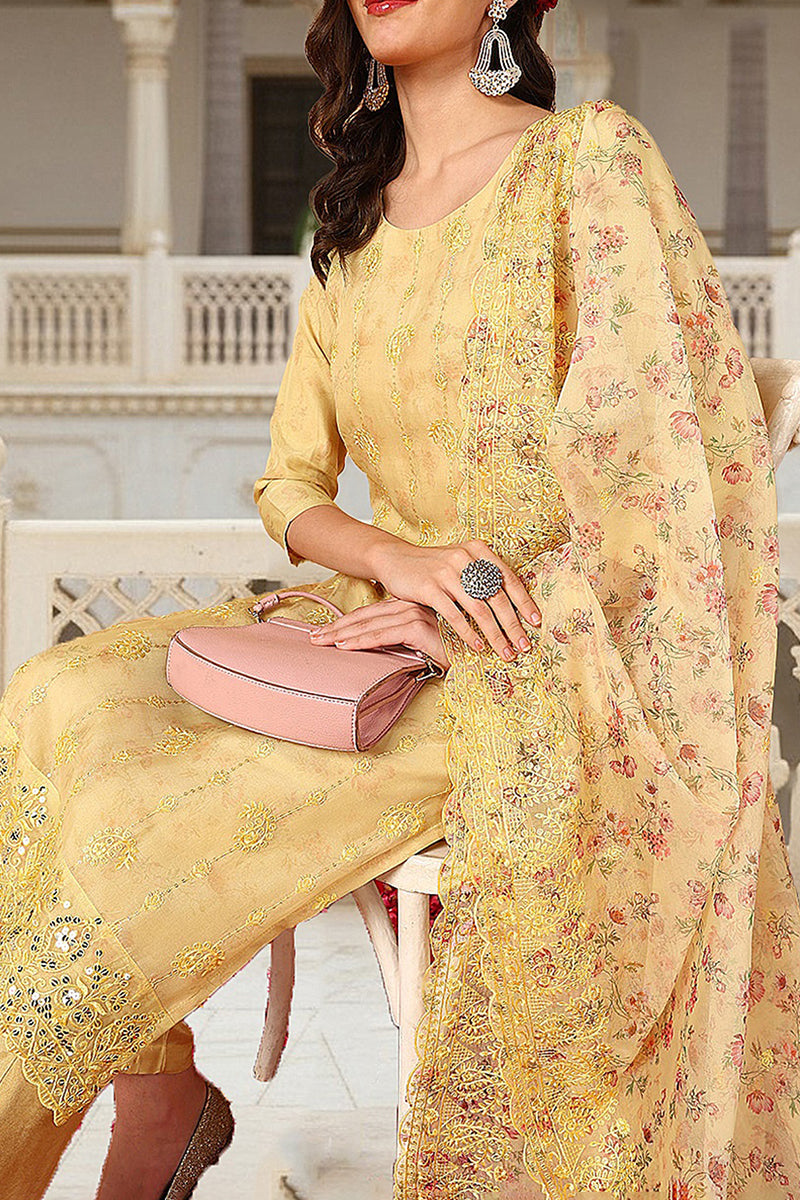 Yellow Organza Floral Embroidered Straight Suit Set PKSKD2086
