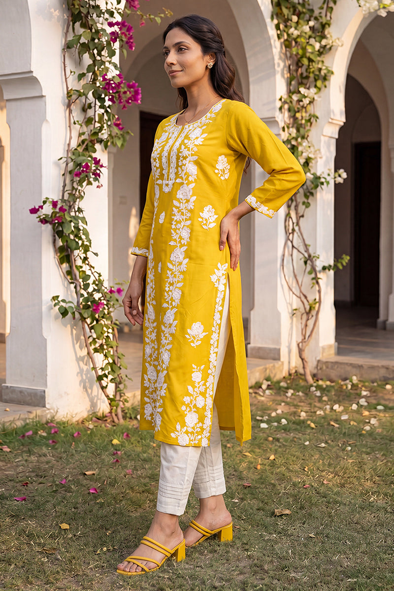 Ahika Womens Yellow Viscose Rayon Solid Embroidered Regular Kurta VCK9816