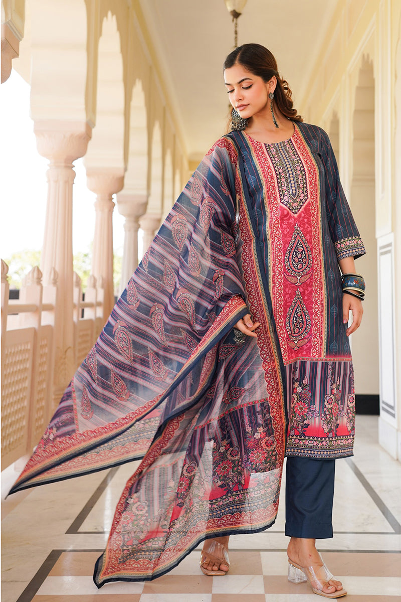 Blue Rayon Blend Ethnic Motifs Printed Straight Kurta Trouser With Dupatta SKSKD3053