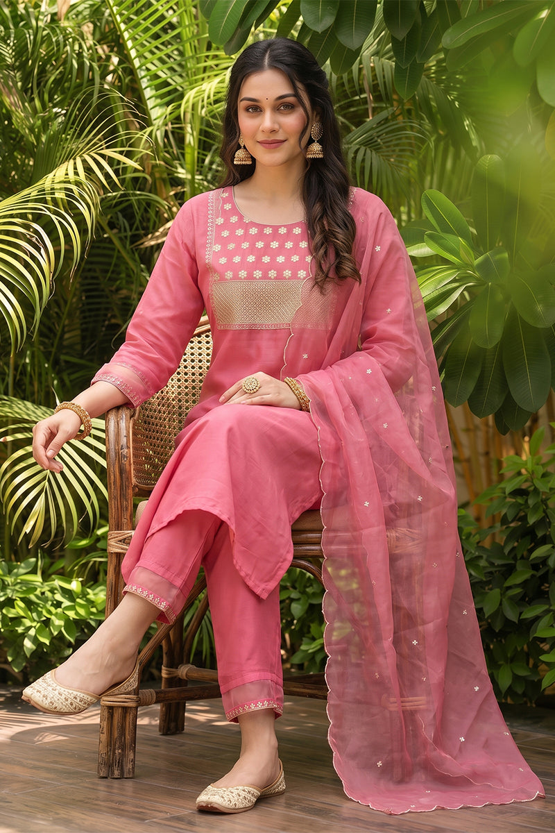 Pink Poly Silk Solid Sequin Straight Suit Set PKSKD1159