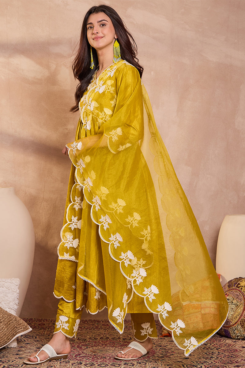 Mustard Silk Blend Solid Embroidered A-Line Kurta Trouser With Dupatta PKSKD2825