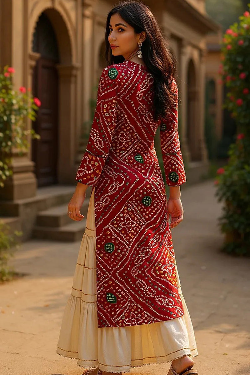 Rayon Blend Red And Beige Bandhani Printed Straight Kurta VCK1708E
