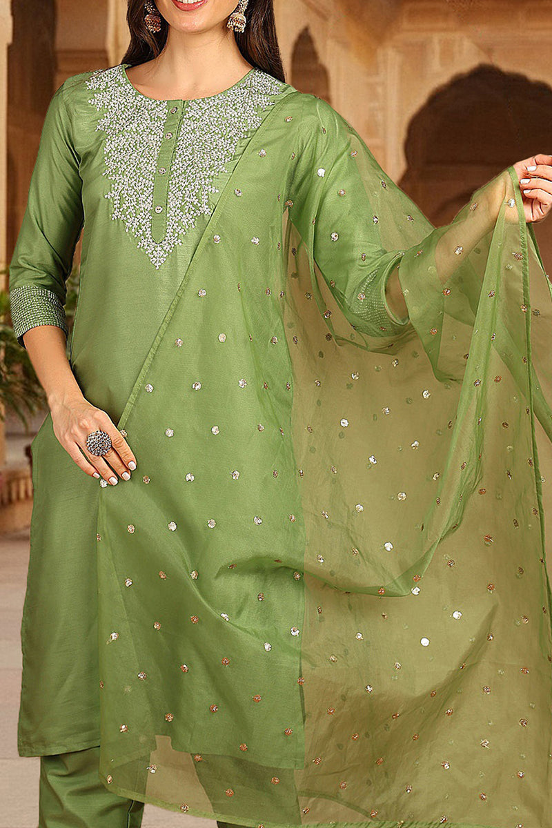 Green Poly Silk Solid Yoke Design Kurta Trousers With Dupatta PKSKD1589