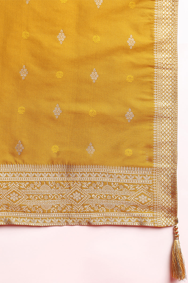Mustard Yellow Silk Blend Ethnic Motifs Woven Design Straight Suit Set PKSKD2406