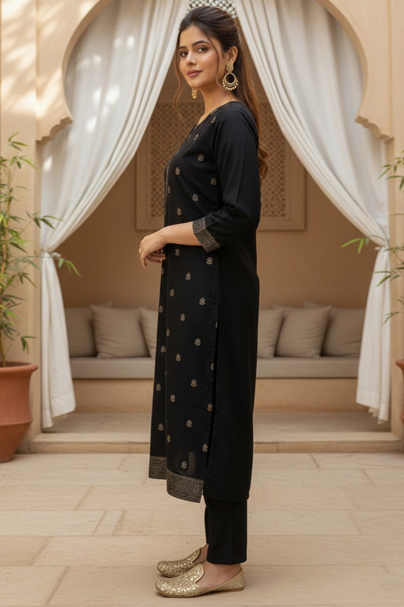 Black Silk Blend Ethnic Motifs Stoning Straight Kurta Trouser with Dupatta SKSKD3089