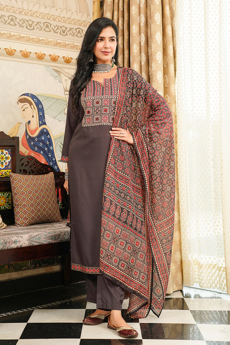 Black Cotton Blend Ajrakh Printed Straight Kurta Trousers With Dupatta PKSKD3065
