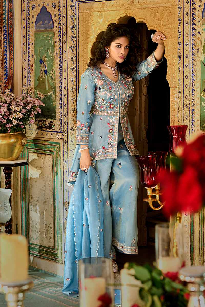 Blue Solid Embroidered Straight Kurta Palaazo with Dupatta PKSKD3002