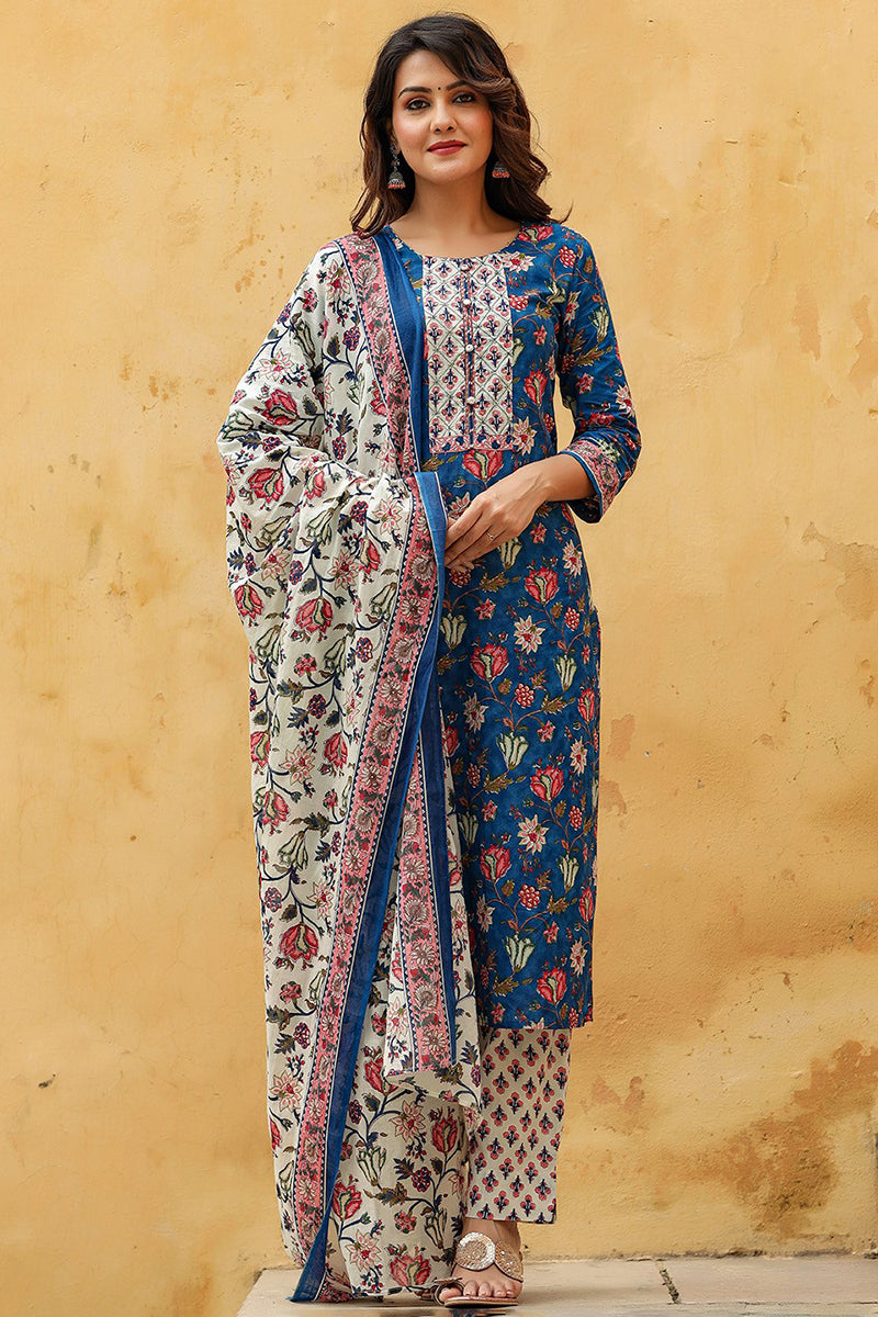 Blue Rayon Blend Floral Printed Straight Suit Set VKSKD1238