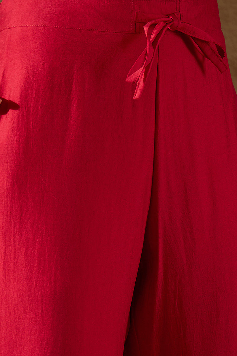 Red Silk Blend Solid Embroidered A-Line Kurta Trouser with Dupatta PKSKD2842