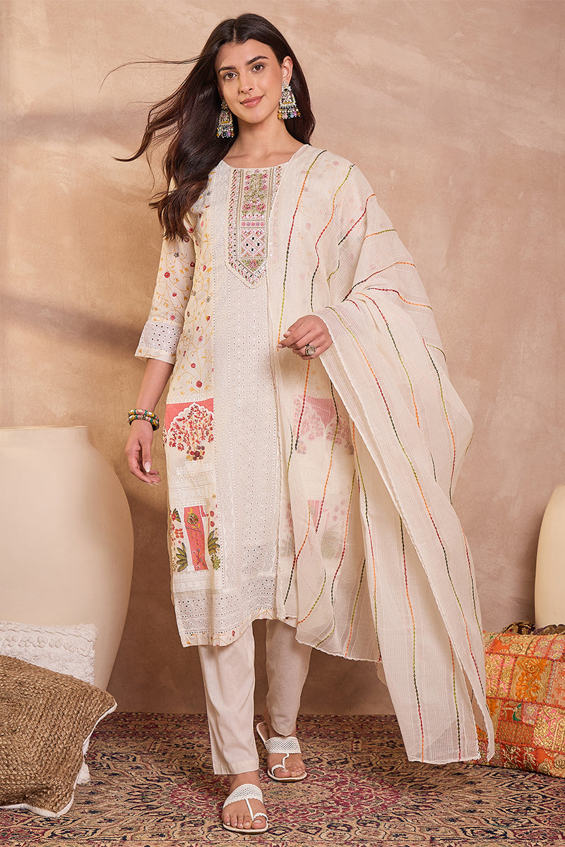Cream Pure Cotton Ethnic Motifs Printed Straight Kurta Trousers With Dupatta PKSKD3192