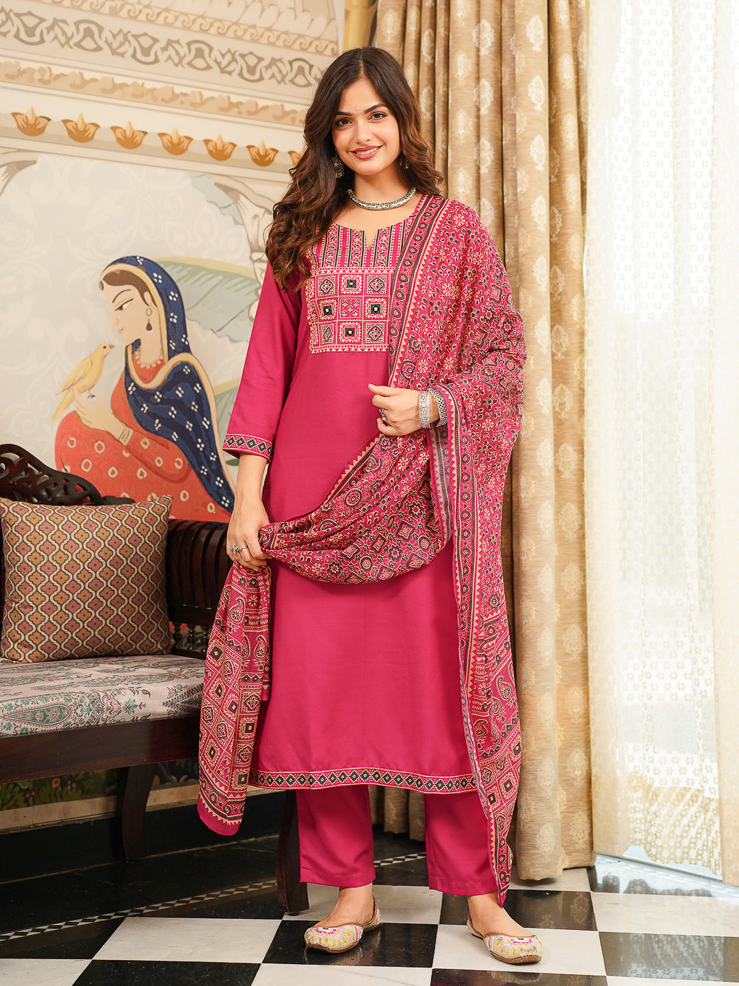Pink Cotton Blend Ajrakh Printed Straight Kurta Trousers With Dupatta PKSKD3069
