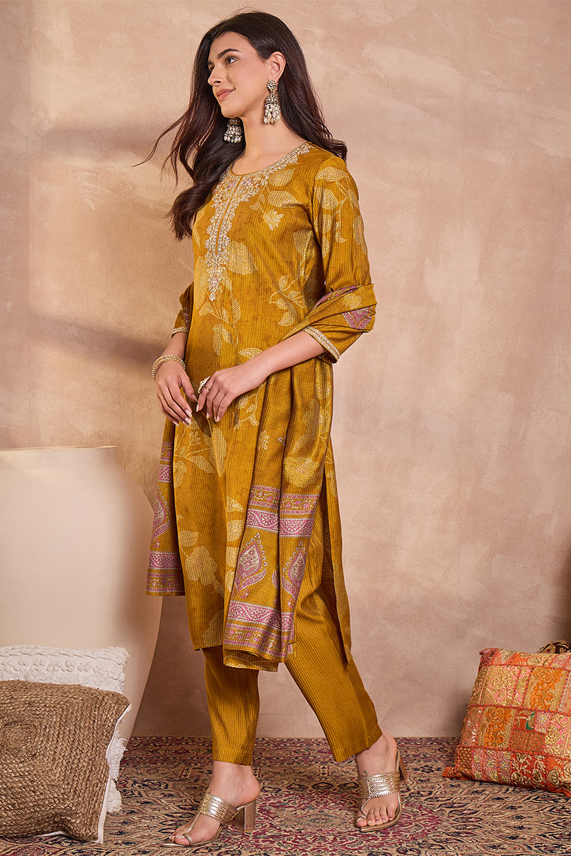 Mustard Silk Blend Floral Printed Straight Kurta Trouser With Dupatta PKSKD3217