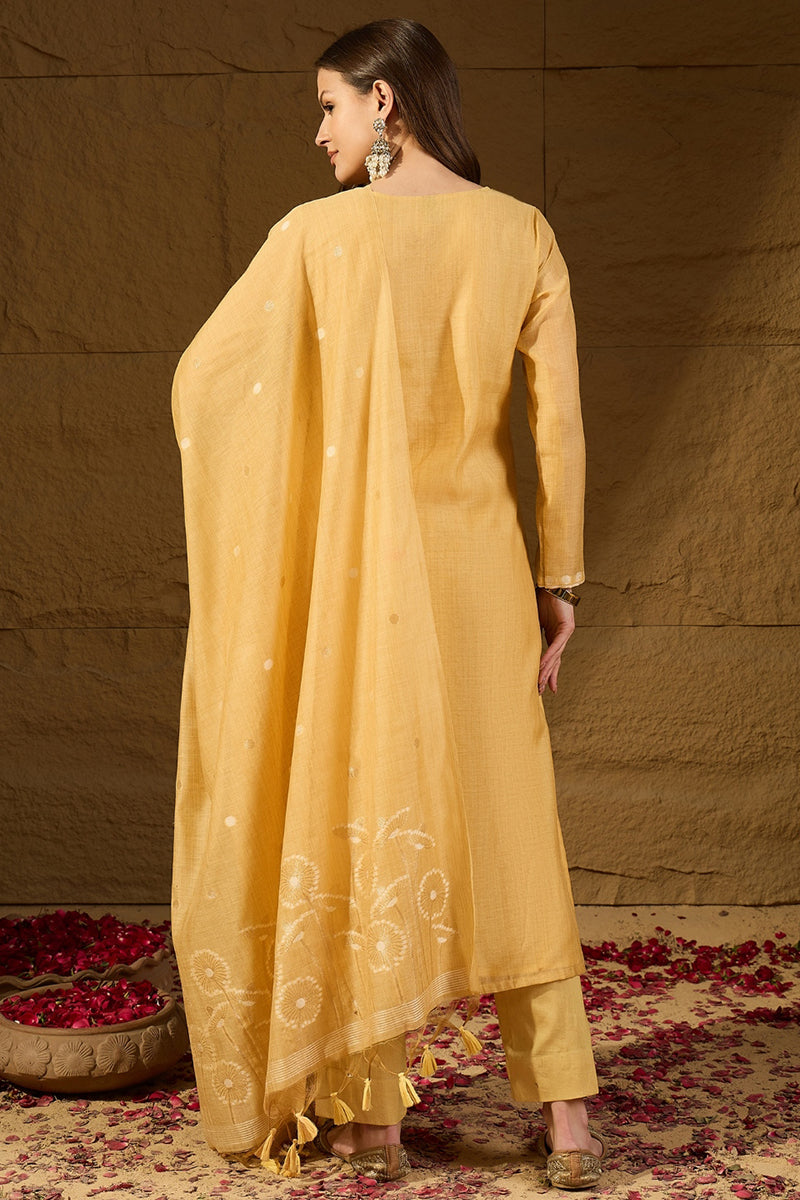 Yellow Chanderi Woven Design Straight Kurta Trouser with Dupatta PKSKD2904