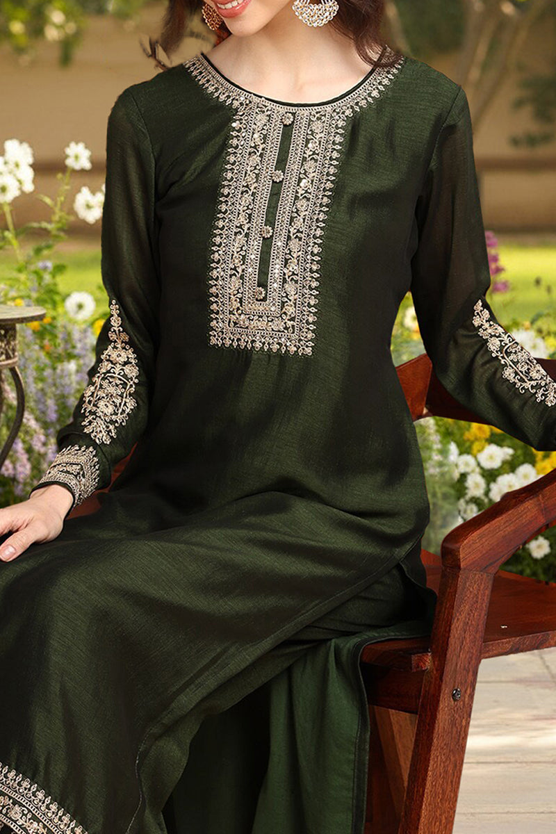 Green Silk Blend Solid Embroidered Straight Style Suit Set PKSKD2263