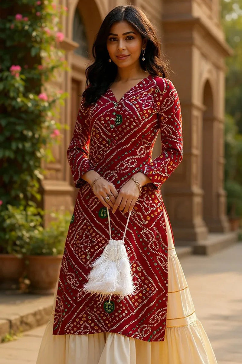 Rayon Blend Red And Beige Bandhani Printed Straight Kurta VCK1708E