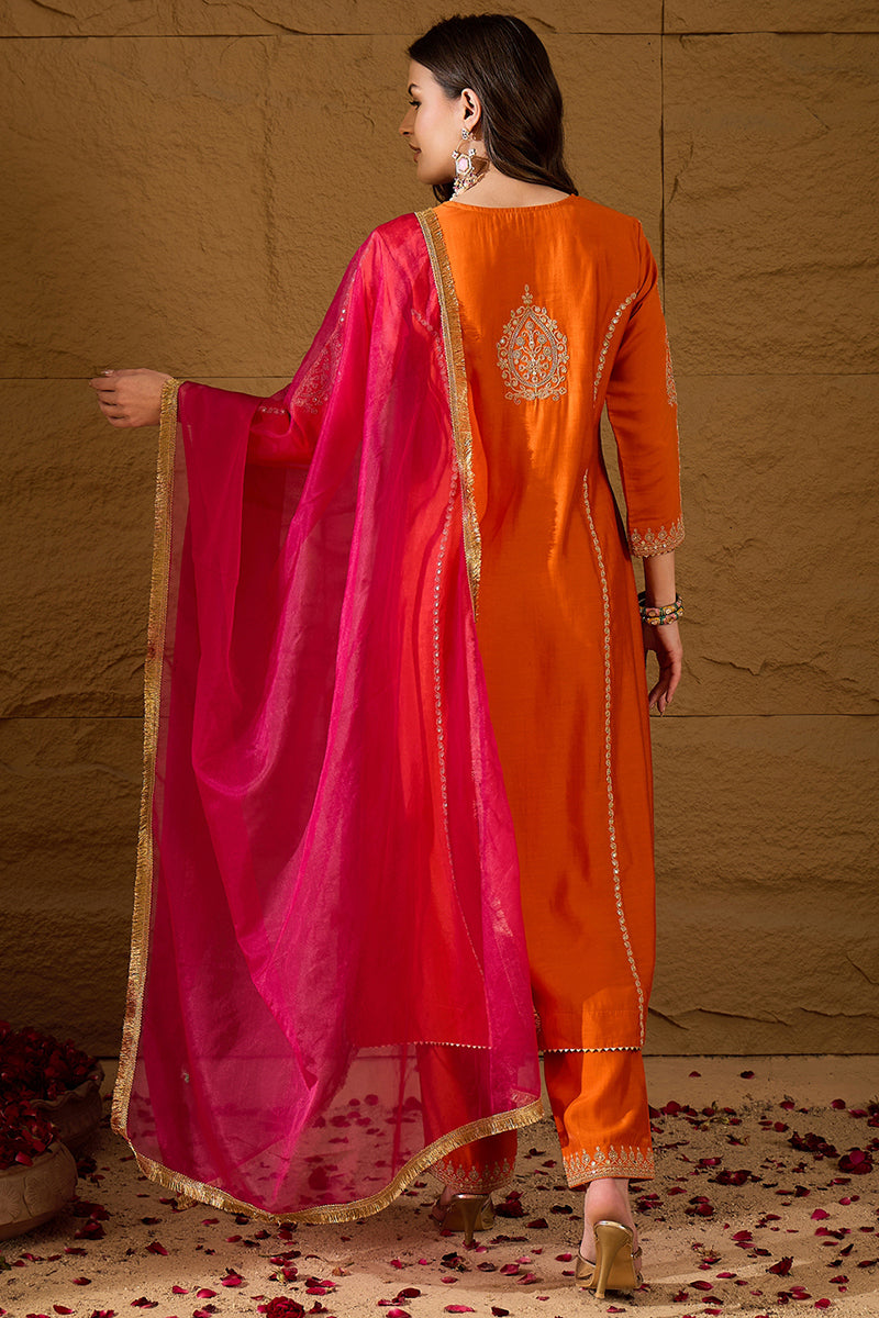 Orange Silk Blend Solid Embroidered A-Line Kurta Trouser with Dupatta PKSKD2841