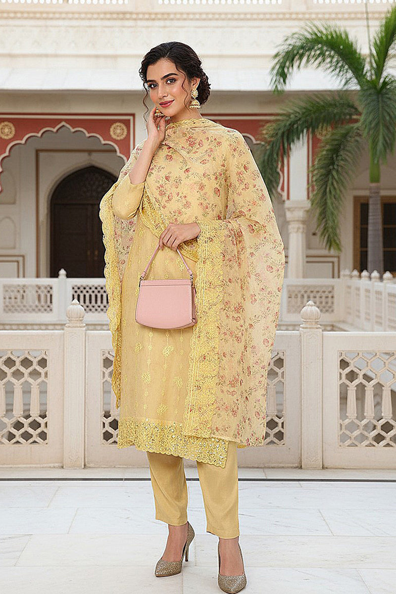 Yellow Organza Floral Embroidered Straight Suit Set PKSKD2086