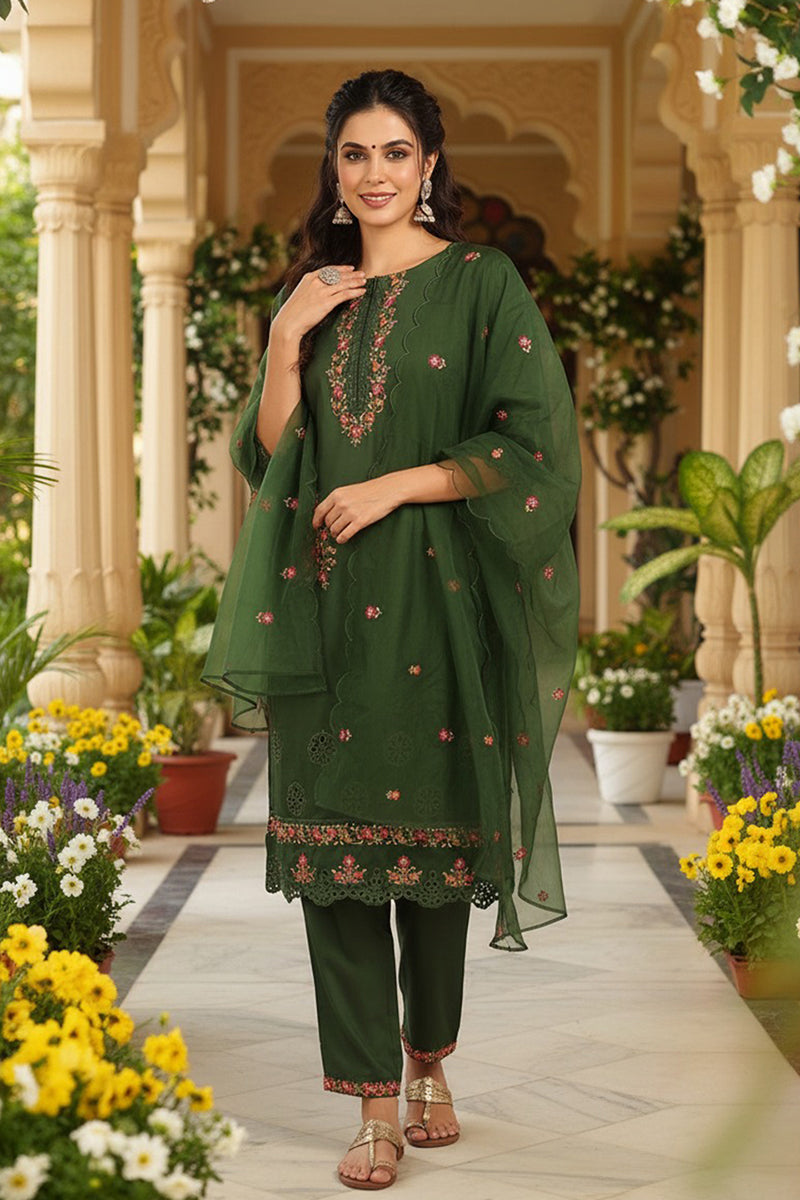 Green Silk Blend Solid Embroidered Straight Trouser Bottom Suit Set PKSKD2635