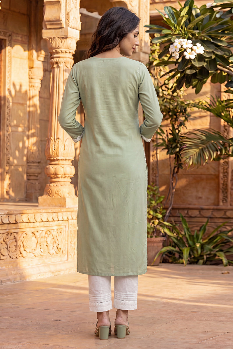 Ahika Womens Green Viscose Rayon Solid Embroidered Regular Kurta VCK9813