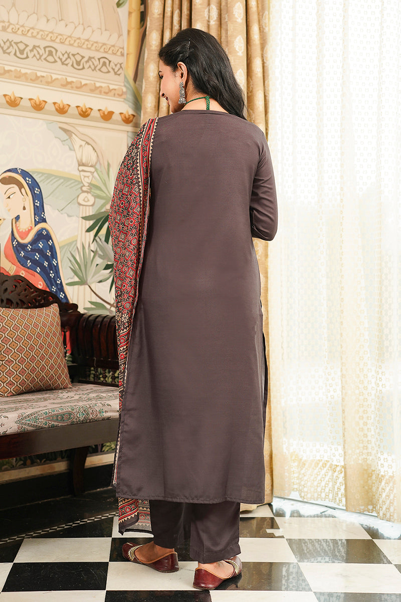 Black Cotton Blend Ajrakh Printed Straight Kurta Trousers With Dupatta PKSKD3065