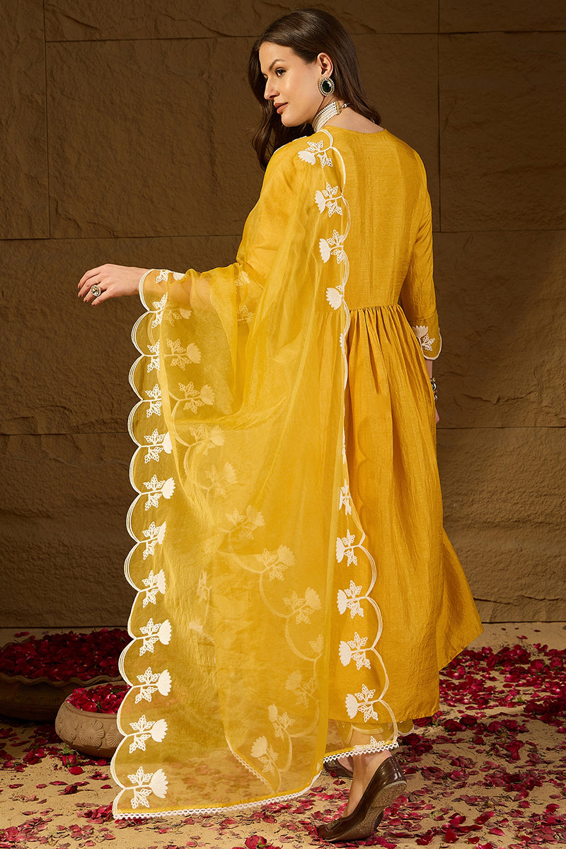 Yellow Silk Blend Solid Embroidered A-Line Kurta Trouser With Dupatta PKSKD2826