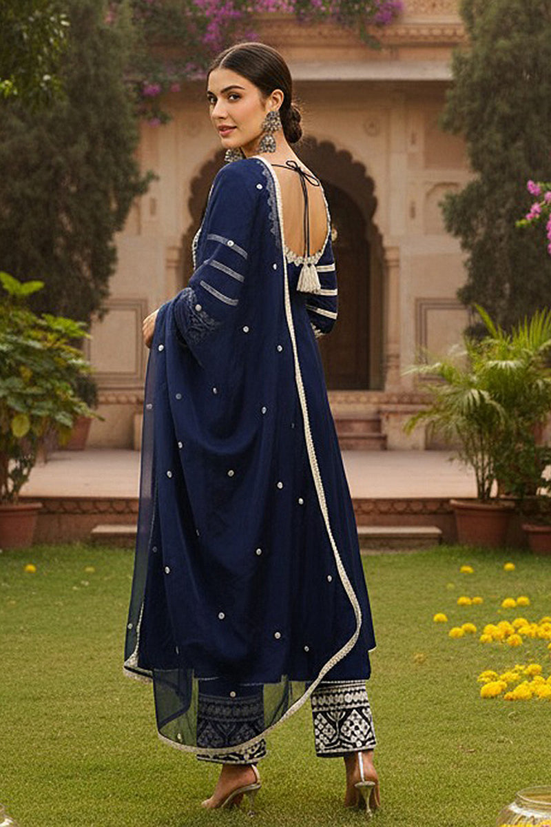 Navy Blue Silk Blend Solid Embroidered Anarkali Suit Set PKSKD2212