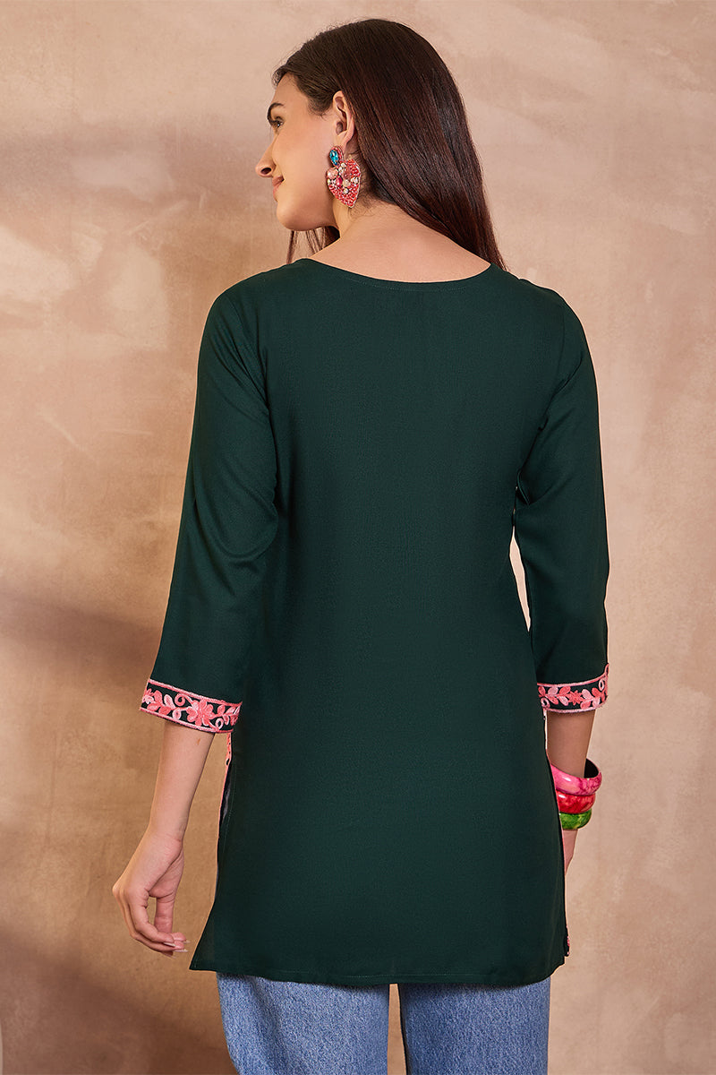 Ahika Womens Green Viscose Rayon Solid Embroidered Top VT1403