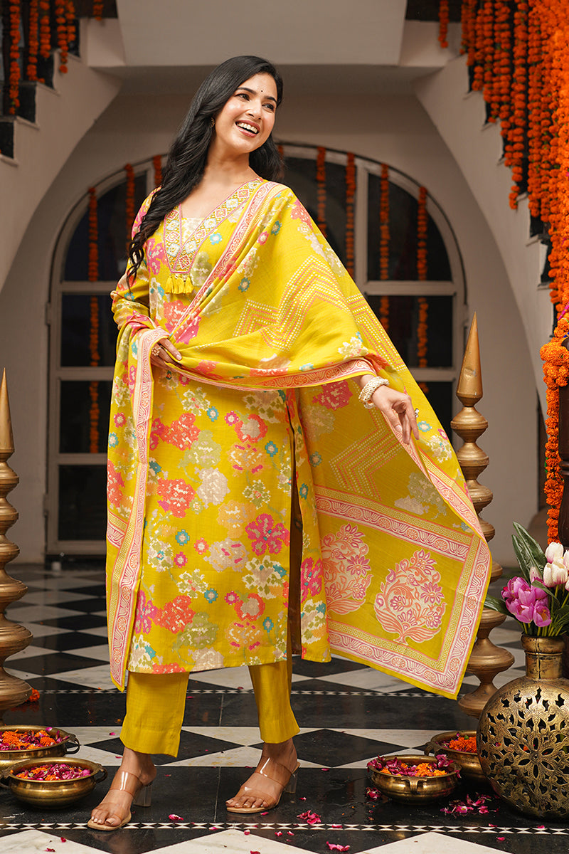 Yellow Viscose Rayon Geometric Embroidered Straight Kurta Trousers With Dupatta PKSKD3080