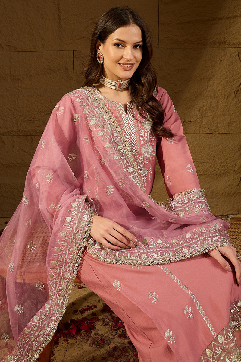 Pink Silk Blend Solid Embroidered Straight Kurta Trousers With Dupatta PKSKD2939