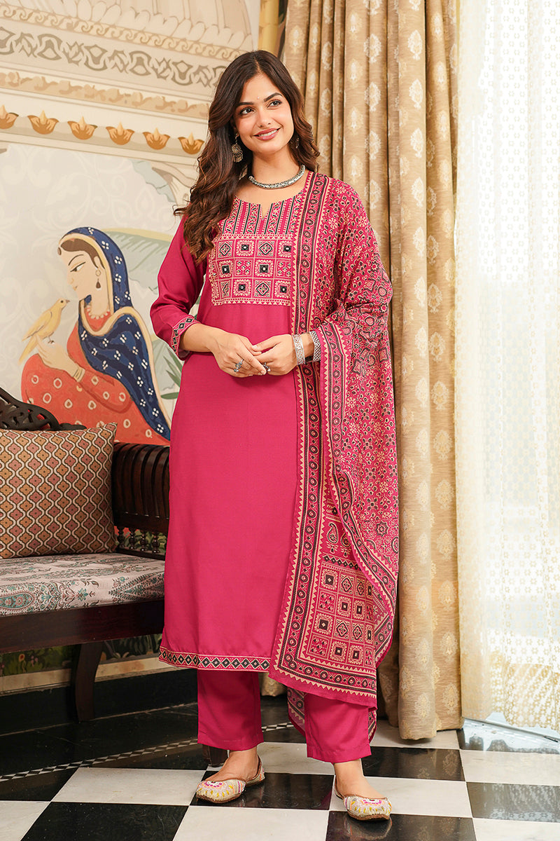 Pink Cotton Blend Ajrakh Printed Straight Kurta Trousers With Dupatta PKSKD3069