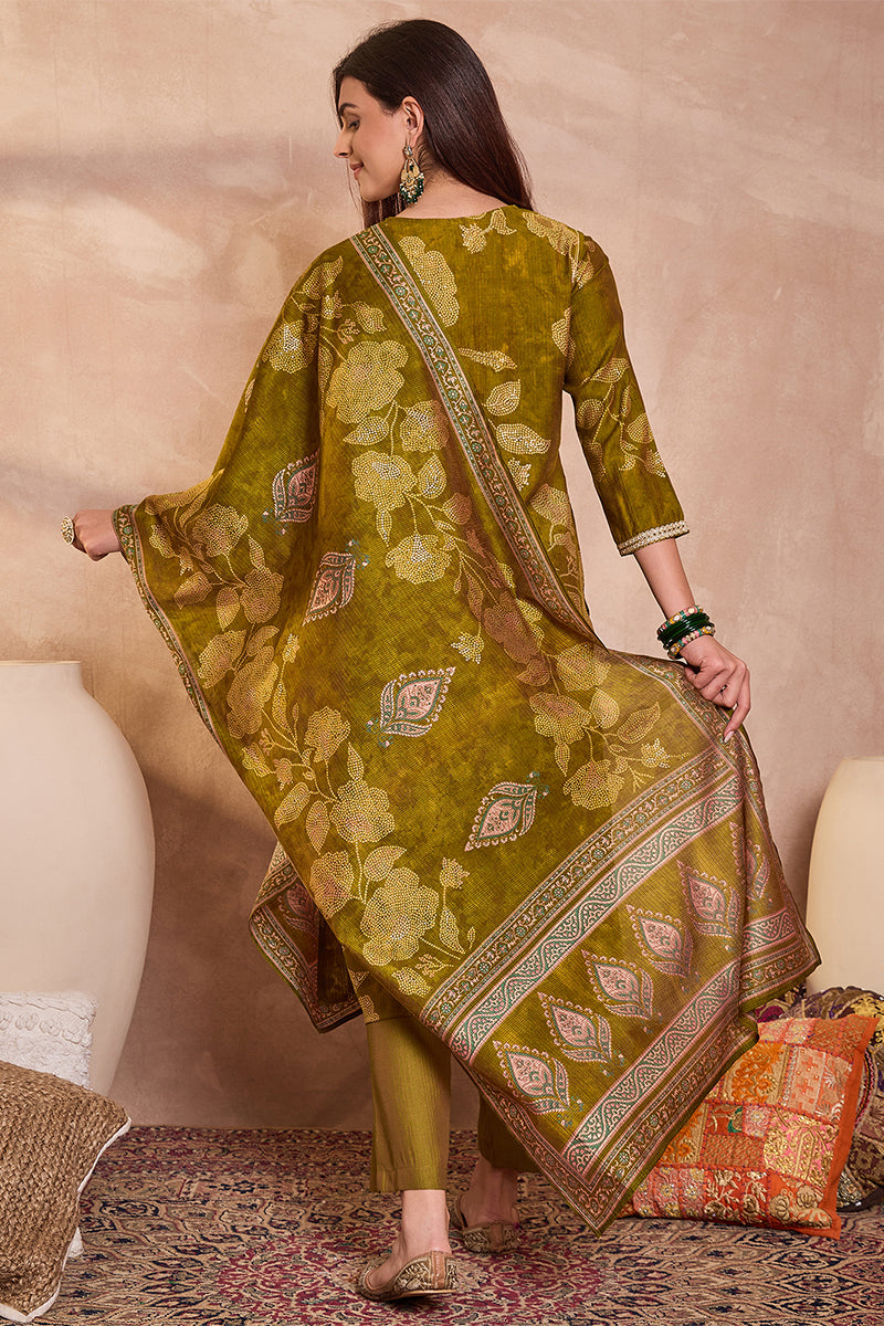 Green Silk Blend Floral Printed Straight Kurta Trouser With Dupatta PKSKD3209