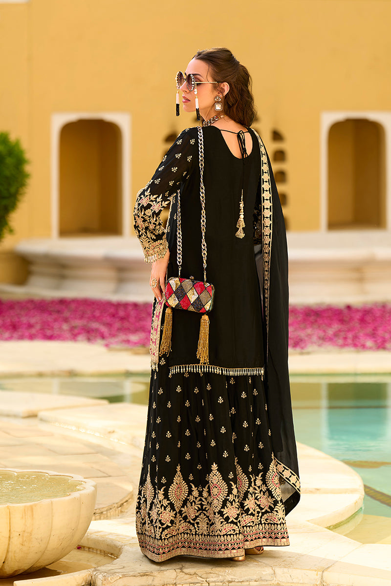 Black Chinon Chiffon Embroidered Straight Kurta Sharara with Dupatta PKSKD2892