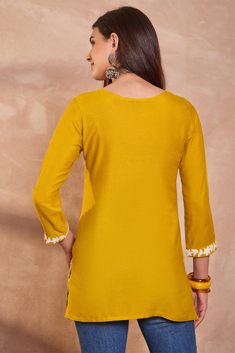 Ahika Womens Yellow Viscose Rayon Solid Embroidered Top VT1406