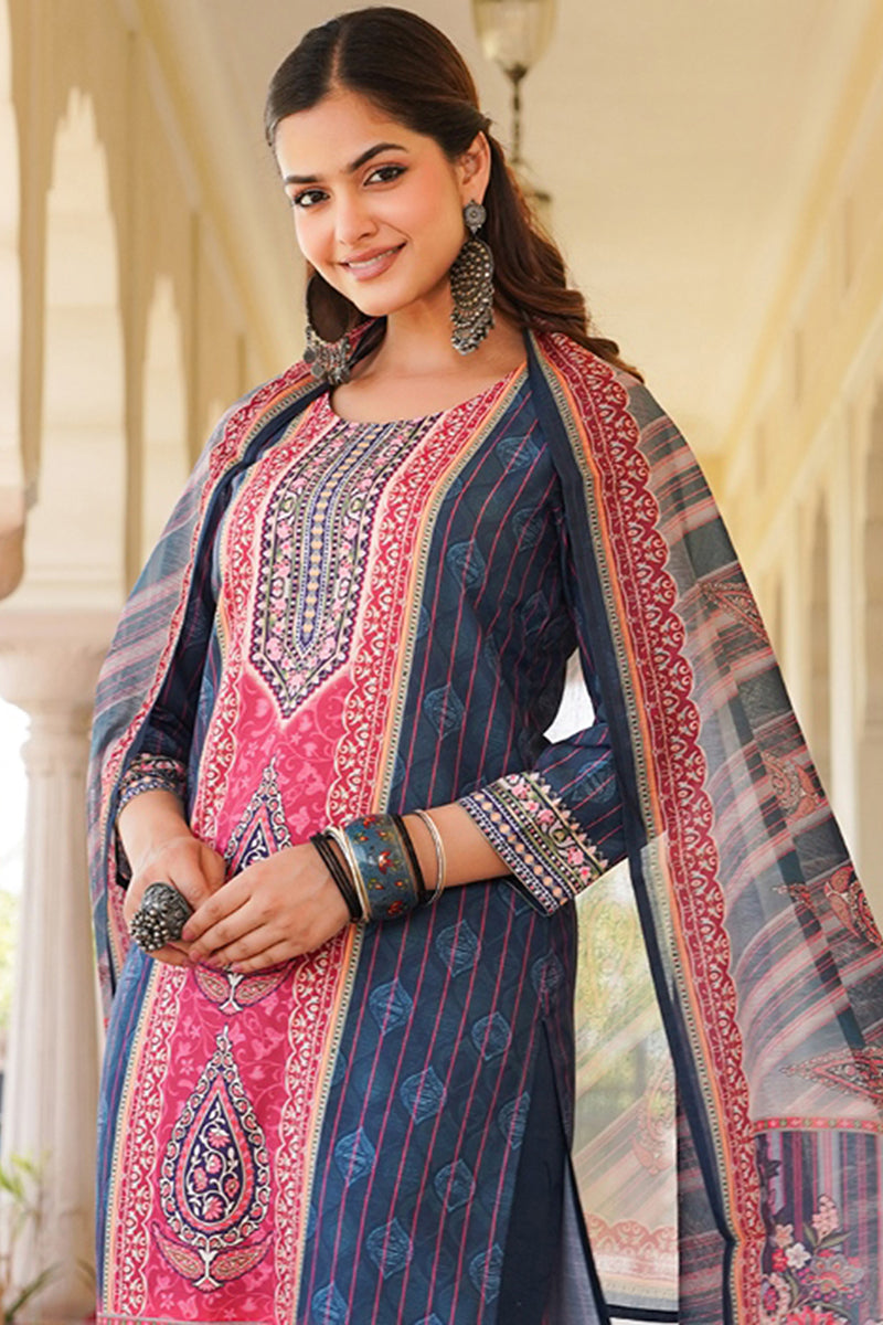 Blue Rayon Blend Ethnic Motifs Printed Straight Kurta Trouser With Dupatta SKSKD3053